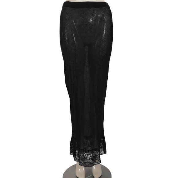 Vintage KARL LAGERFELD Black Mesh Bodycon Maxi Skirt w/Lace Trim 1992 A/W Runway - Picture 2 of 12